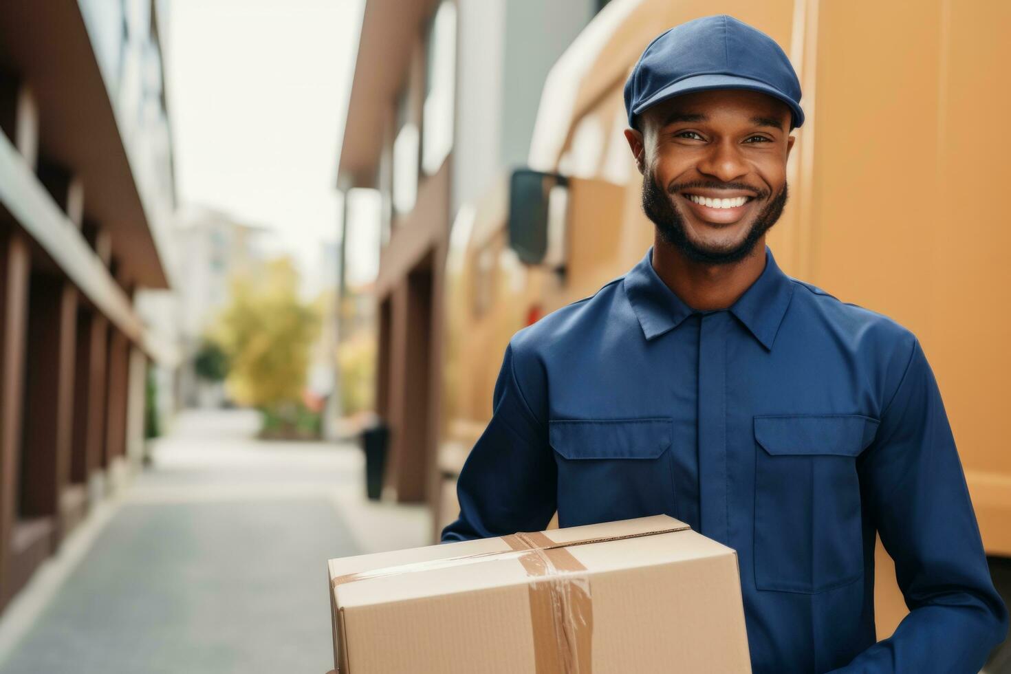 ai generated delivery person holding box holding up sign free photo